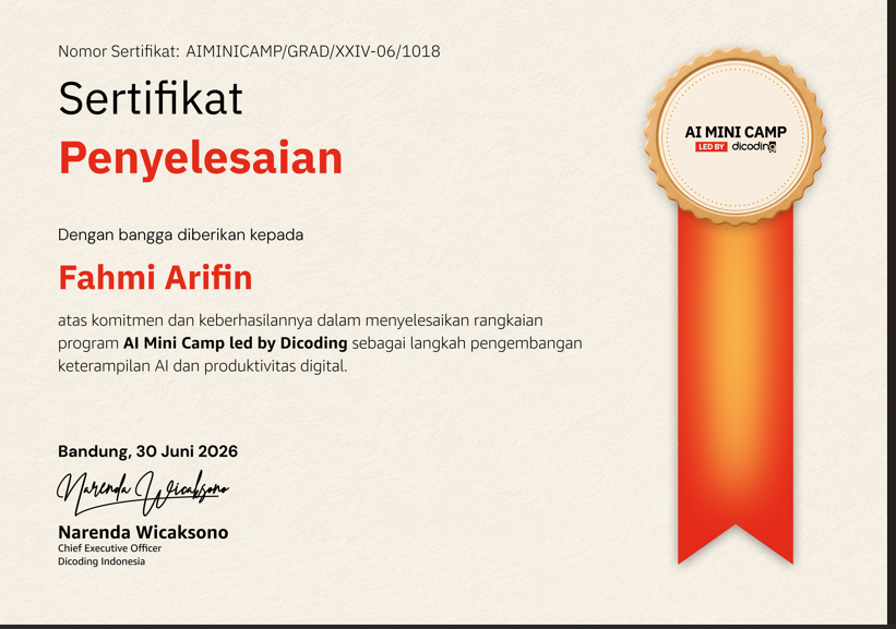 Lihat Sertifikat AI Mini Camp led by Dicoding dalam ukuran penuh